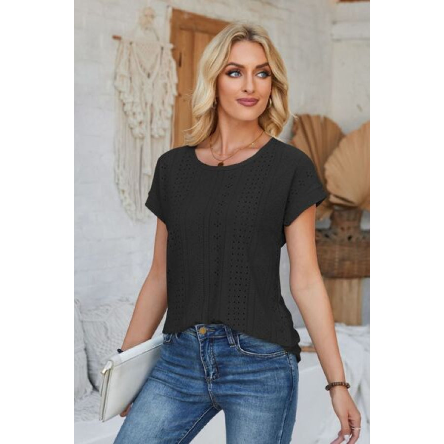 Eyelet Round Neck Rolled Short Sleeve T - Shirt Apparel and Accessories