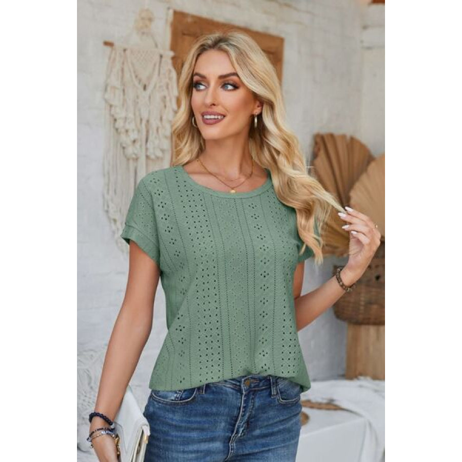 Eyelet Round Neck Rolled Short Sleeve T - Shirt Apparel and Accessories