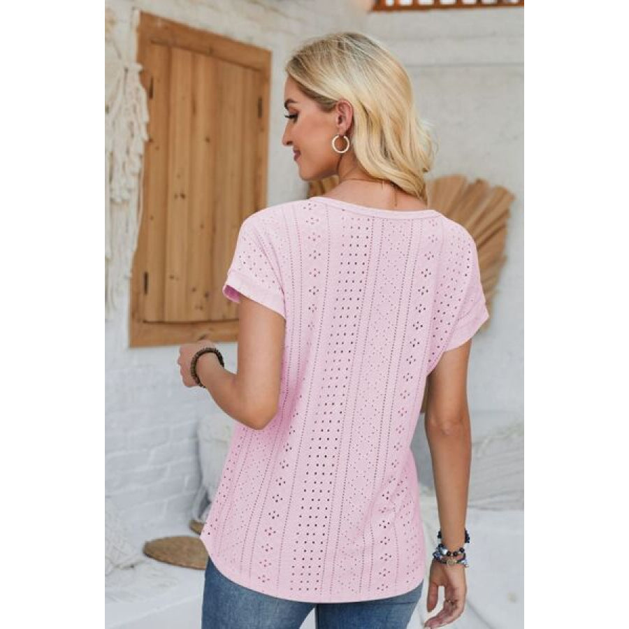 Eyelet Round Neck Rolled Short Sleeve T - Shirt Apparel and Accessories