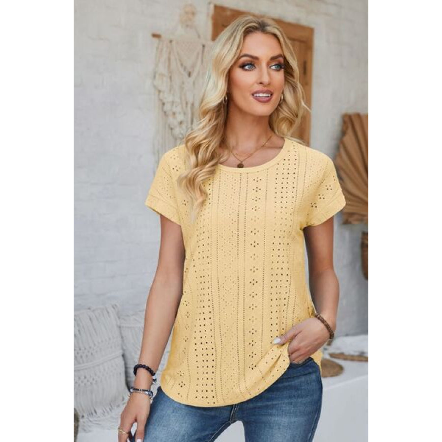 Eyelet Round Neck Rolled Short Sleeve T - Shirt Apparel and Accessories