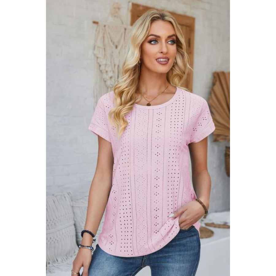 Eyelet Round Neck Rolled Short Sleeve T - Shirt Apparel and Accessories