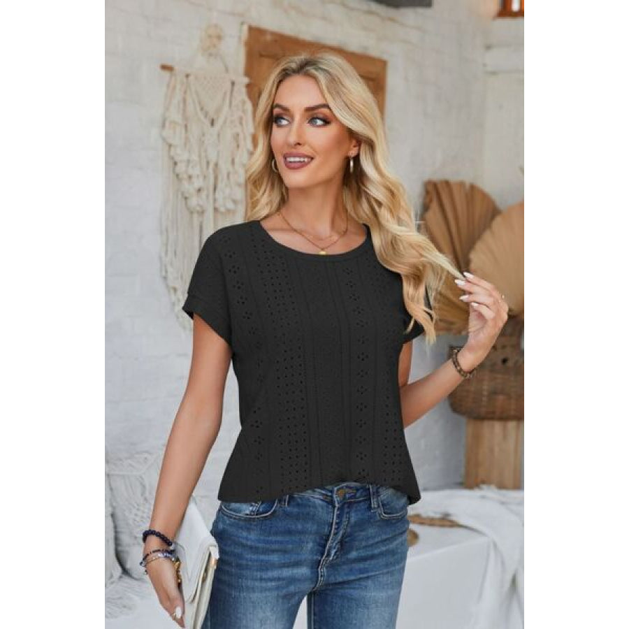 Eyelet Round Neck Rolled Short Sleeve T - Shirt Apparel and Accessories