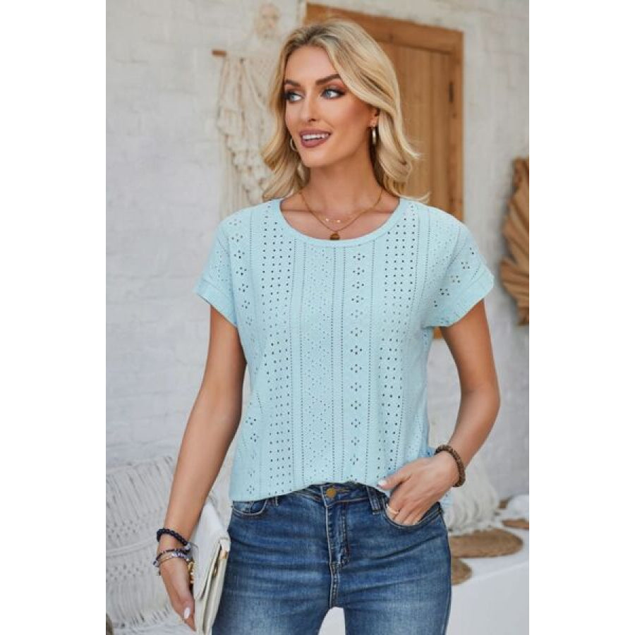 Eyelet Round Neck Rolled Short Sleeve T - Shirt Apparel and Accessories