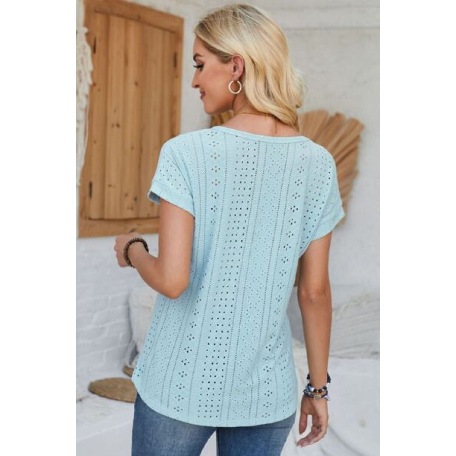 Eyelet Round Neck Rolled Short Sleeve T - Shirt Misty Blue / S Apparel and Accessories