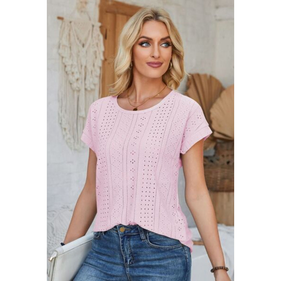 Eyelet Round Neck Rolled Short Sleeve T - Shirt Apparel and Accessories