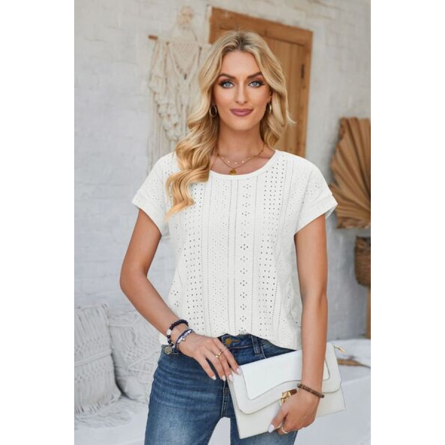 Eyelet Round Neck Rolled Short Sleeve T - Shirt Apparel and Accessories