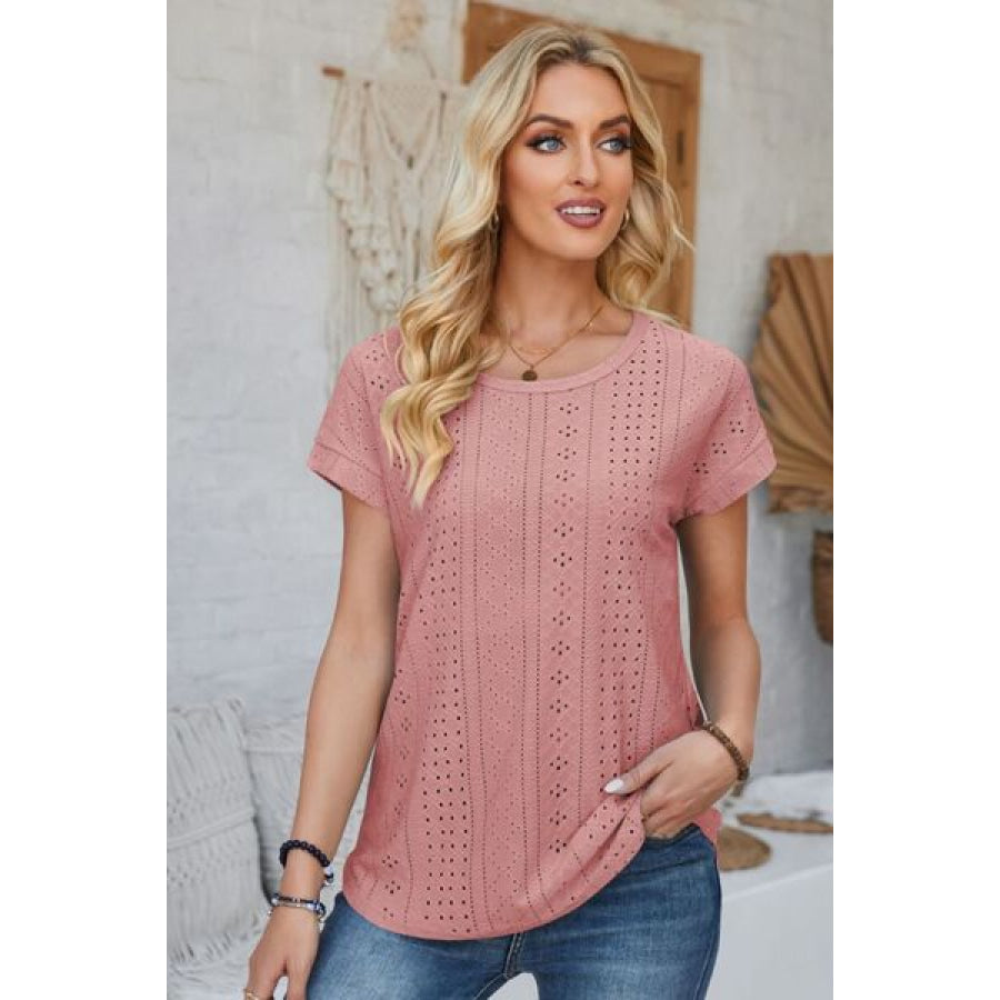 Eyelet Round Neck Rolled Short Sleeve T - Shirt Apparel and Accessories