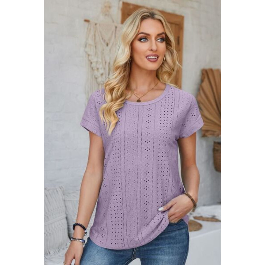 Eyelet Round Neck Rolled Short Sleeve T - Shirt Apparel and Accessories