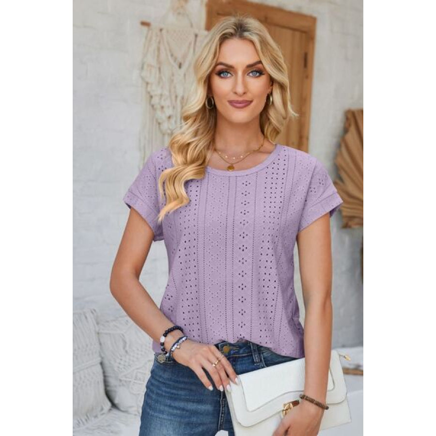 Eyelet Round Neck Rolled Short Sleeve T - Shirt Lavender / S Apparel and Accessories