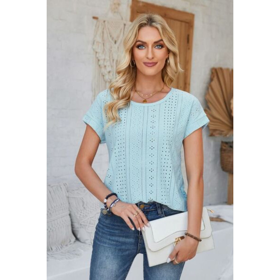 Eyelet Round Neck Rolled Short Sleeve T - Shirt Misty Blue / S Apparel and Accessories
