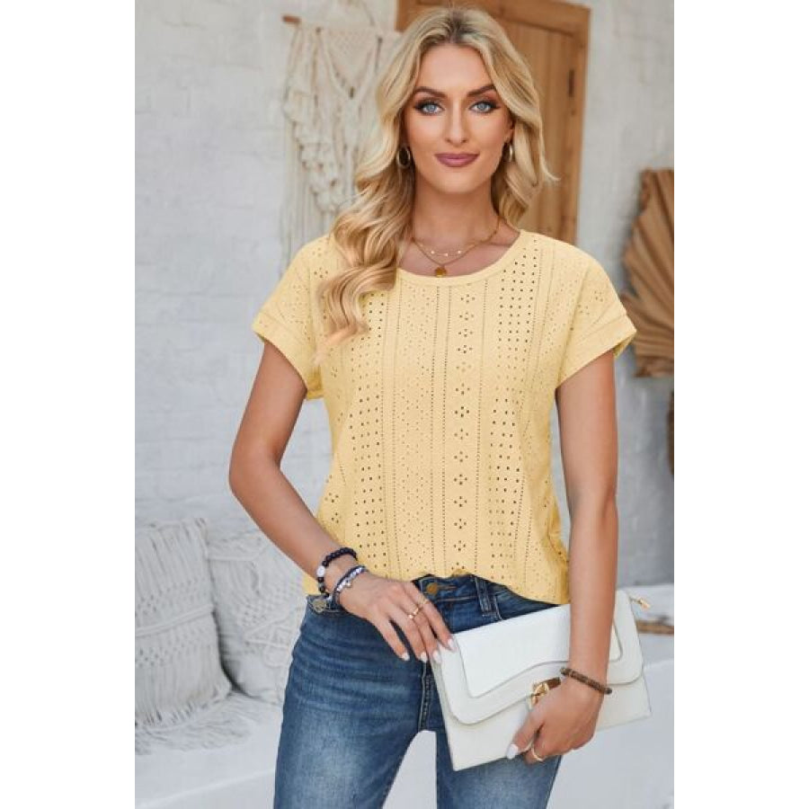 Eyelet Round Neck Rolled Short Sleeve T - Shirt Pastel Yellow / S Apparel and Accessories