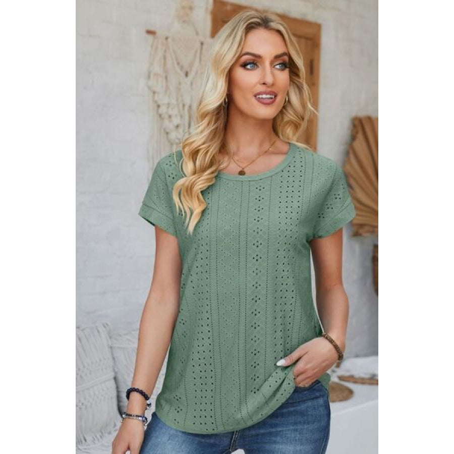 Eyelet Round Neck Rolled Short Sleeve T - Shirt Sage / S Apparel and Accessories
