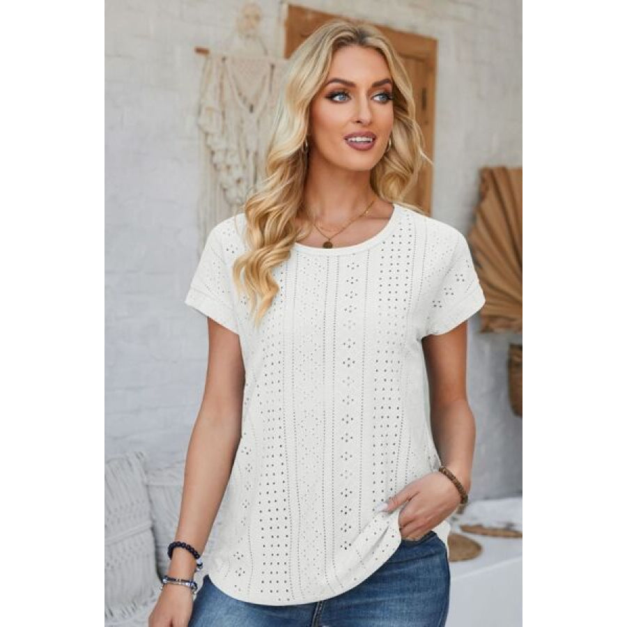 Eyelet Round Neck Rolled Short Sleeve T - Shirt White / S Apparel and Accessories