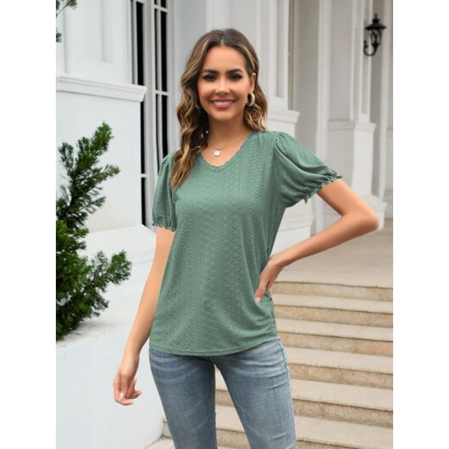 Eyelet Round Neck Short Sleeve Blouse Air Force Blue / S Apparel and Accessories