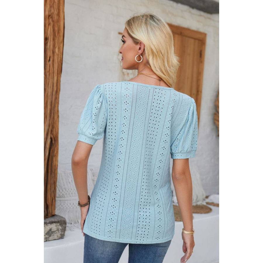 Eyelet Round Neck Short Sleeve Blouse Apparel and Accessories