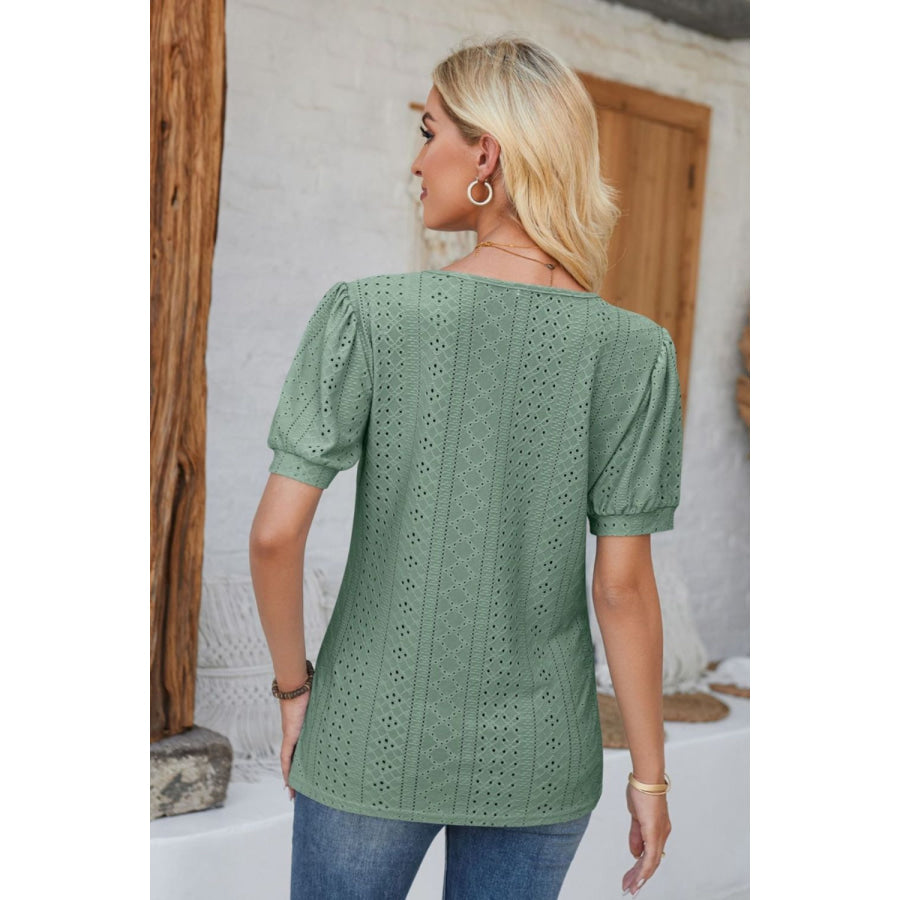 Eyelet Round Neck Short Sleeve Blouse Apparel and Accessories