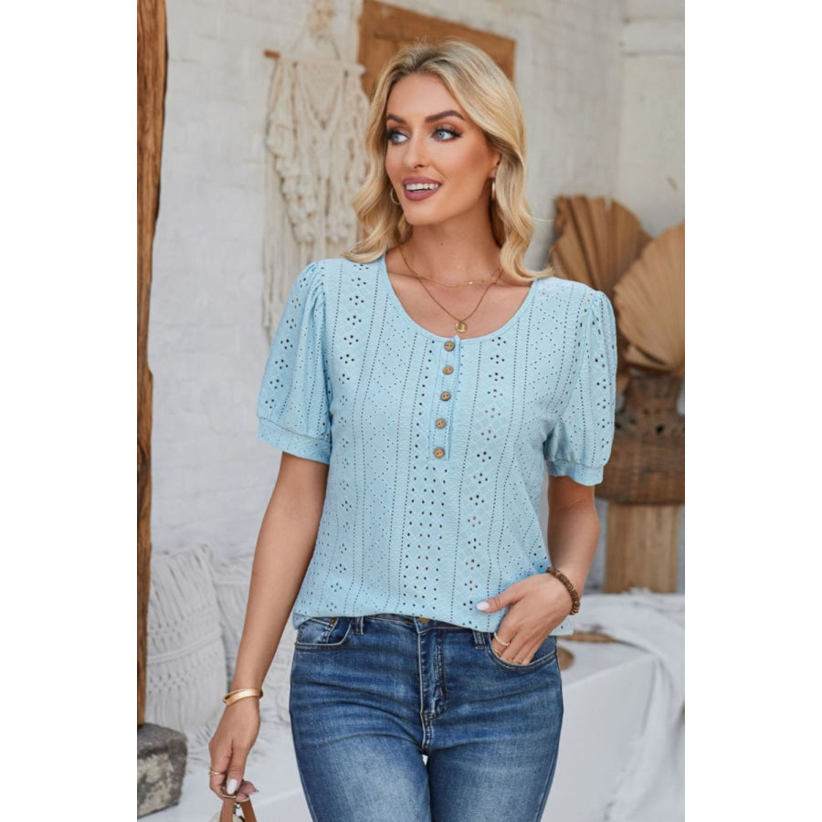 Eyelet Round Neck Short Sleeve Blouse Apparel and Accessories