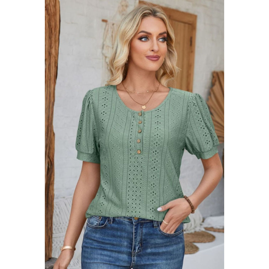 Eyelet Round Neck Short Sleeve Blouse Apparel and Accessories