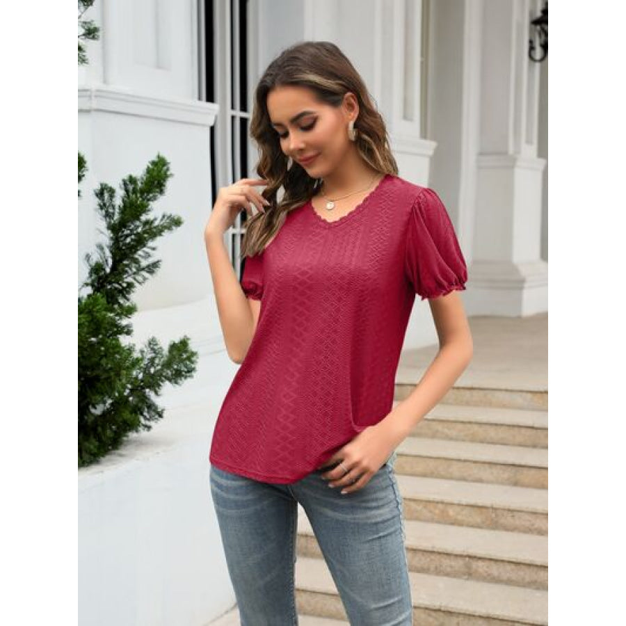 Eyelet Round Neck Short Sleeve Blouse Apparel and Accessories