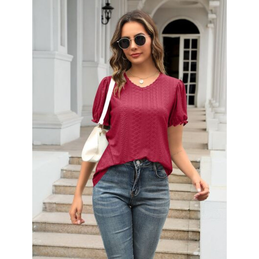 Eyelet Round Neck Short Sleeve Blouse Apparel and Accessories