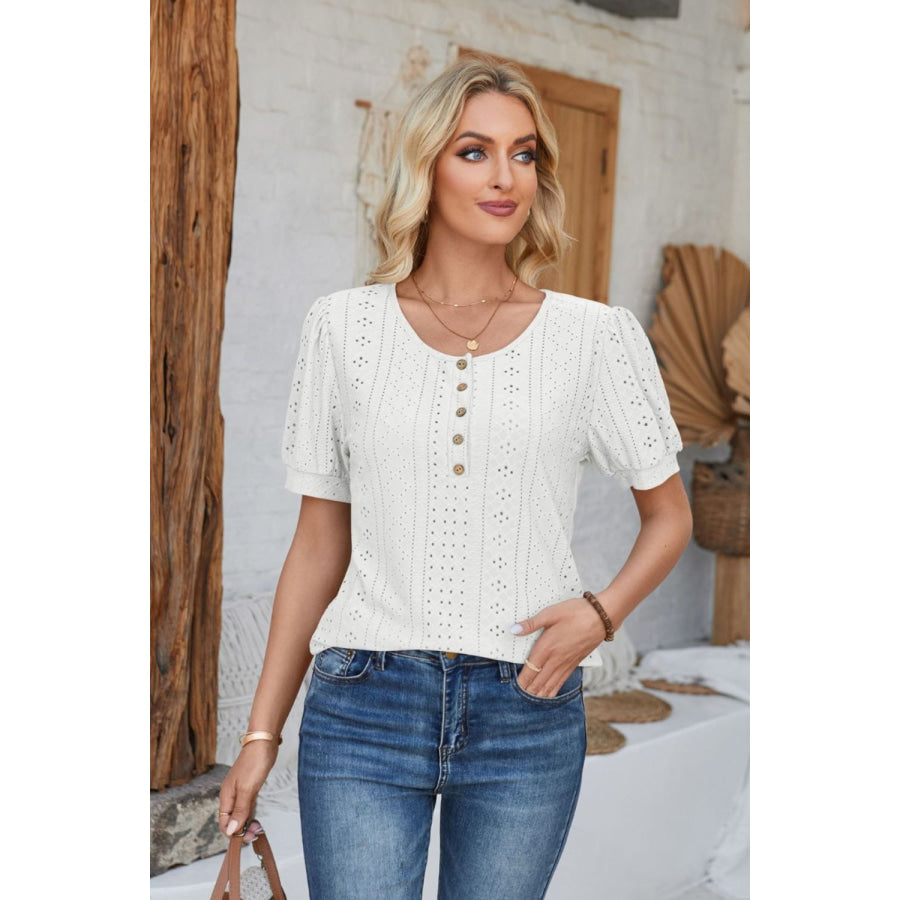 Eyelet Round Neck Short Sleeve Blouse Apparel and Accessories