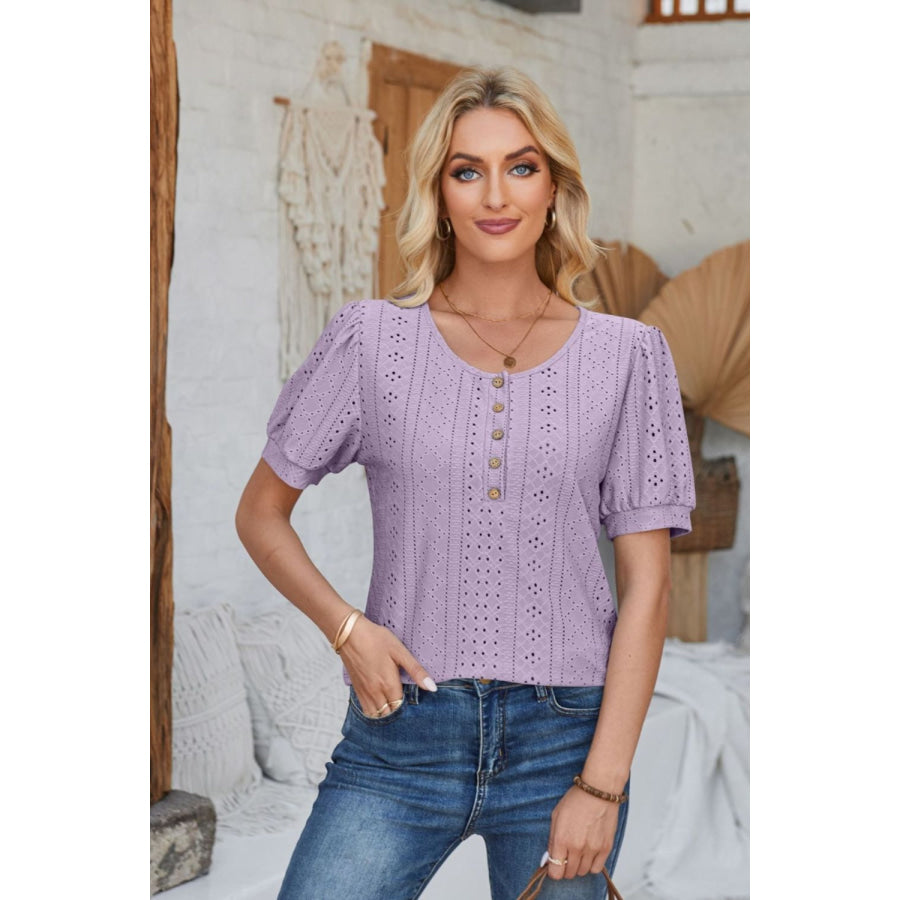 Eyelet Round Neck Short Sleeve Blouse Apparel and Accessories