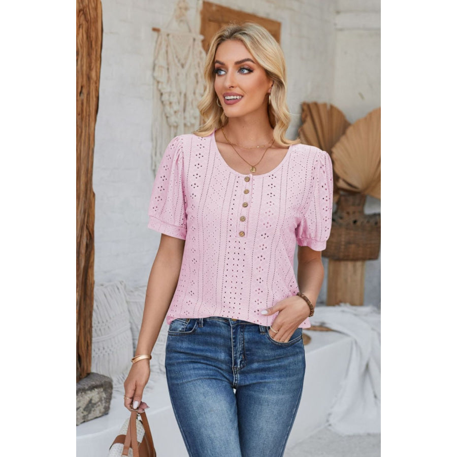 Eyelet Round Neck Short Sleeve Blouse Apparel and Accessories