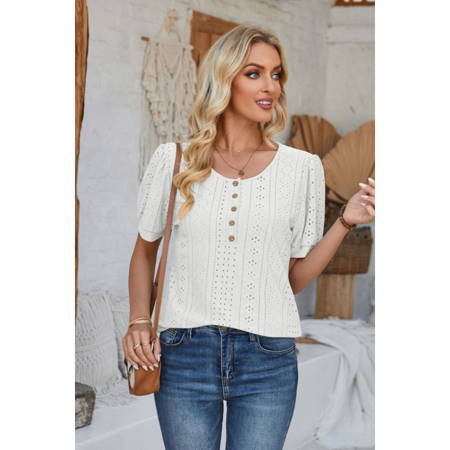 Eyelet Round Neck Short Sleeve Blouse Apparel and Accessories