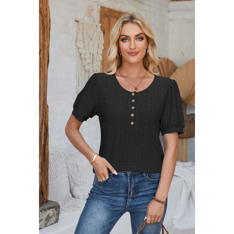 Eyelet Round Neck Short Sleeve Blouse Apparel and Accessories