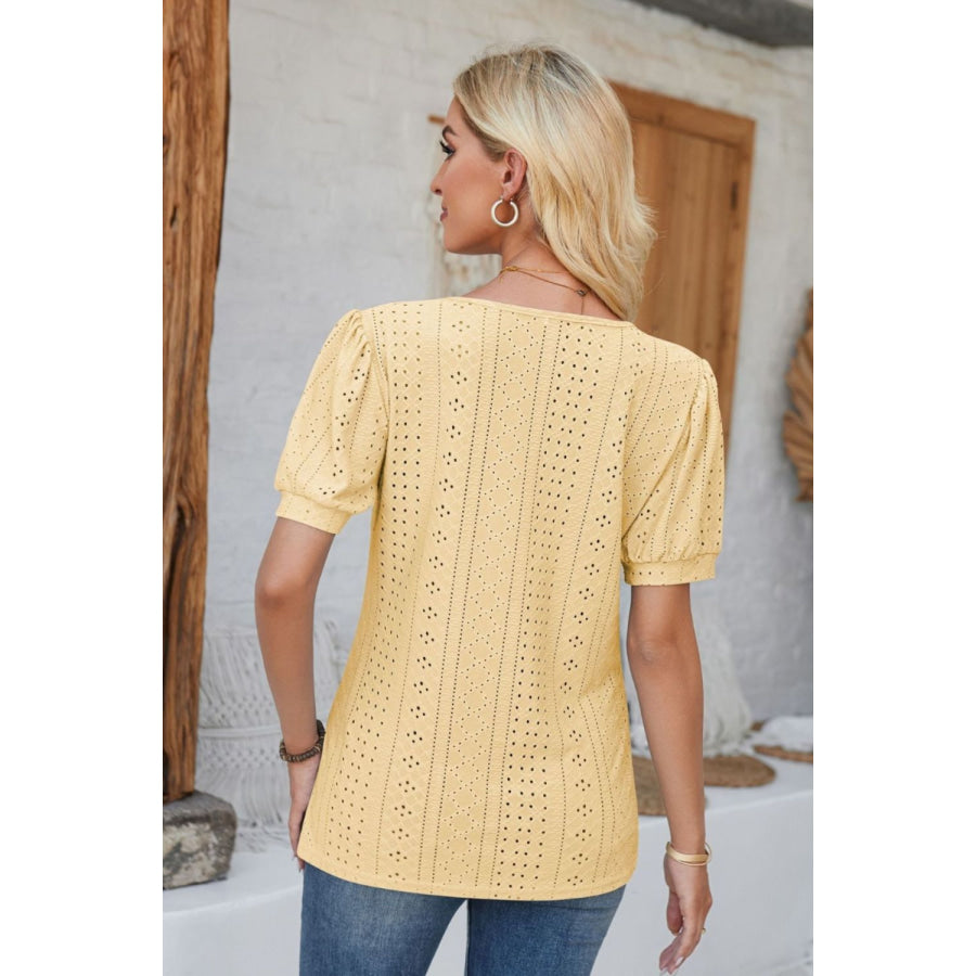 Eyelet Round Neck Short Sleeve Blouse Apparel and Accessories