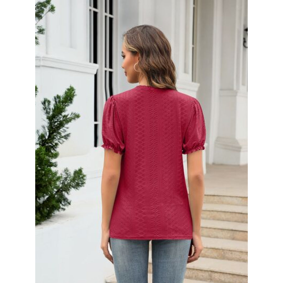 Eyelet Round Neck Short Sleeve Blouse Apparel and Accessories