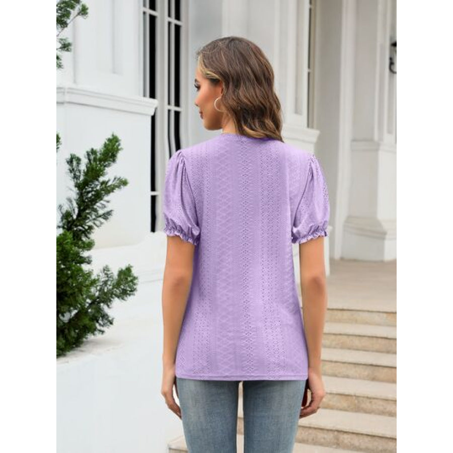 Eyelet Round Neck Short Sleeve Blouse Apparel and Accessories