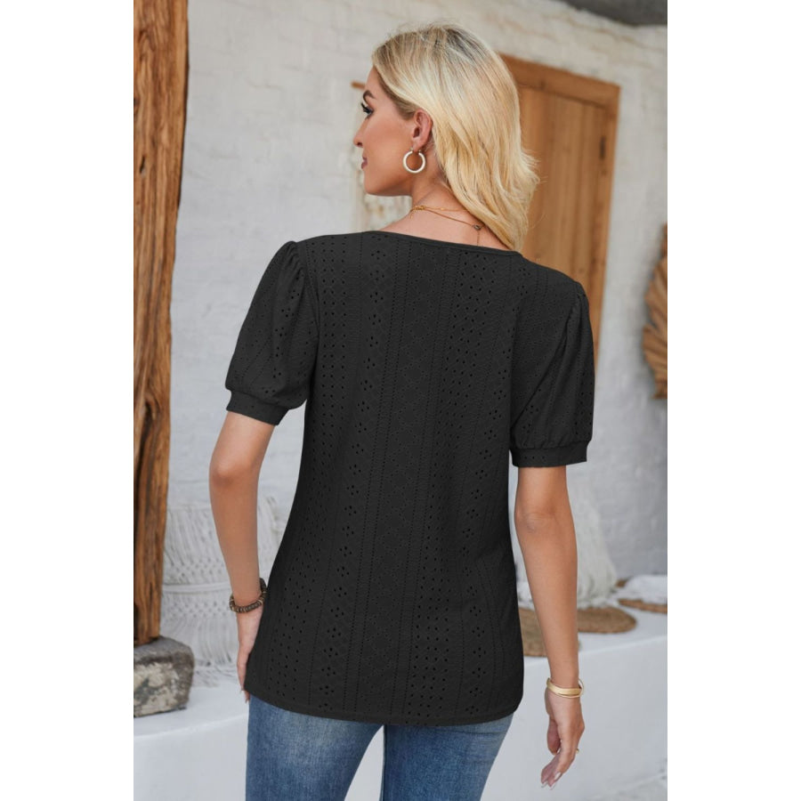 Eyelet Round Neck Short Sleeve Blouse Apparel and Accessories