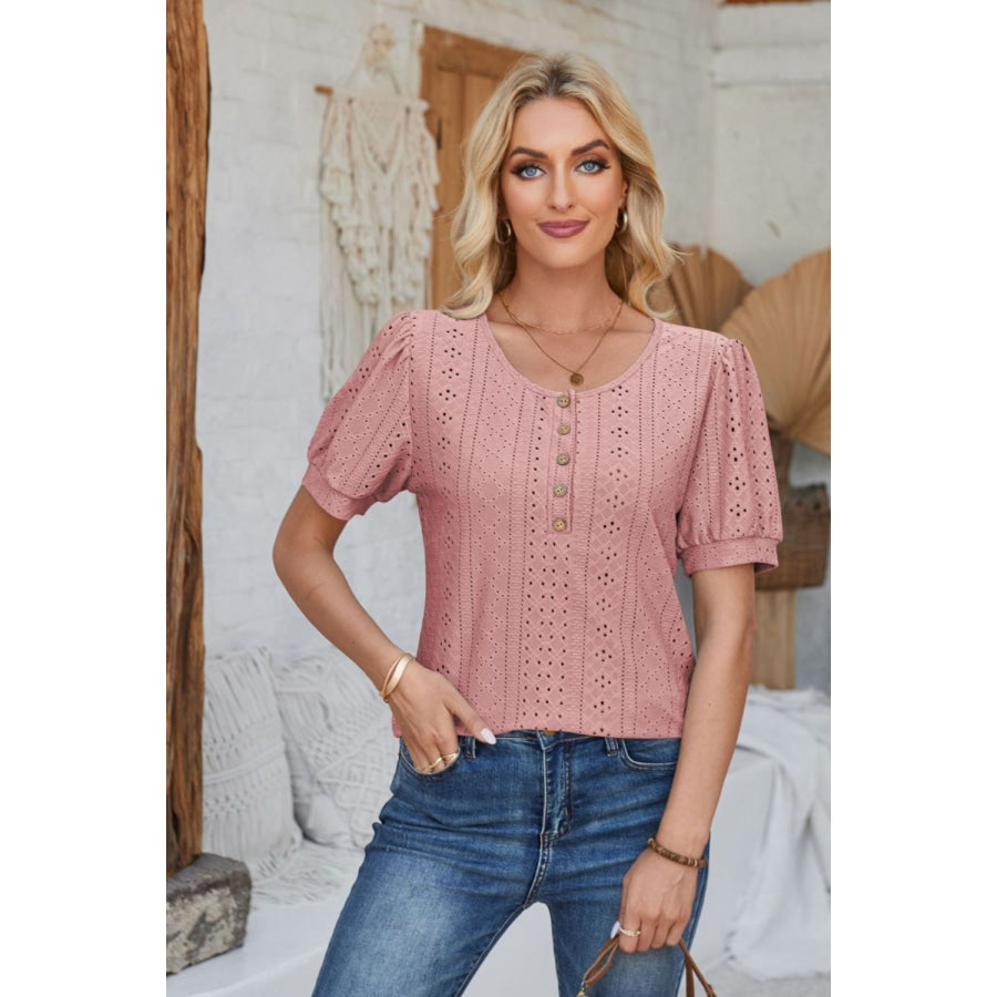 Eyelet Round Neck Short Sleeve Blouse Apparel and Accessories