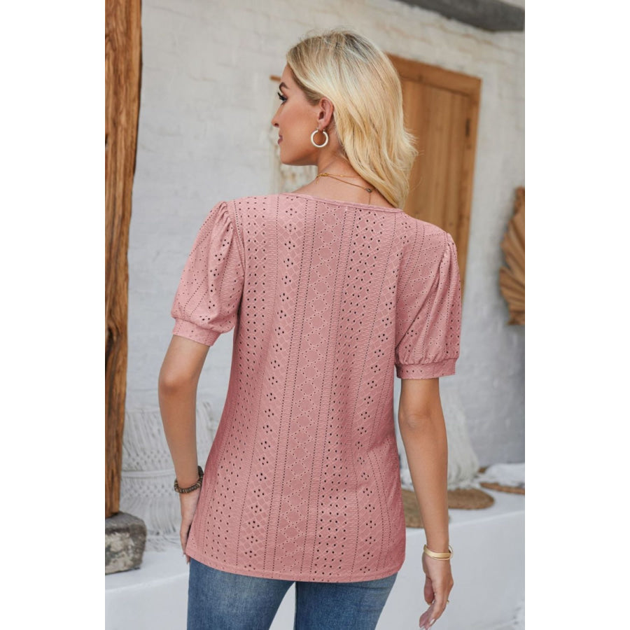 Eyelet Round Neck Short Sleeve Blouse Apparel and Accessories