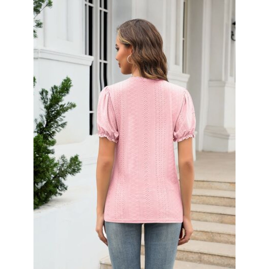 Eyelet Round Neck Short Sleeve Blouse Apparel and Accessories