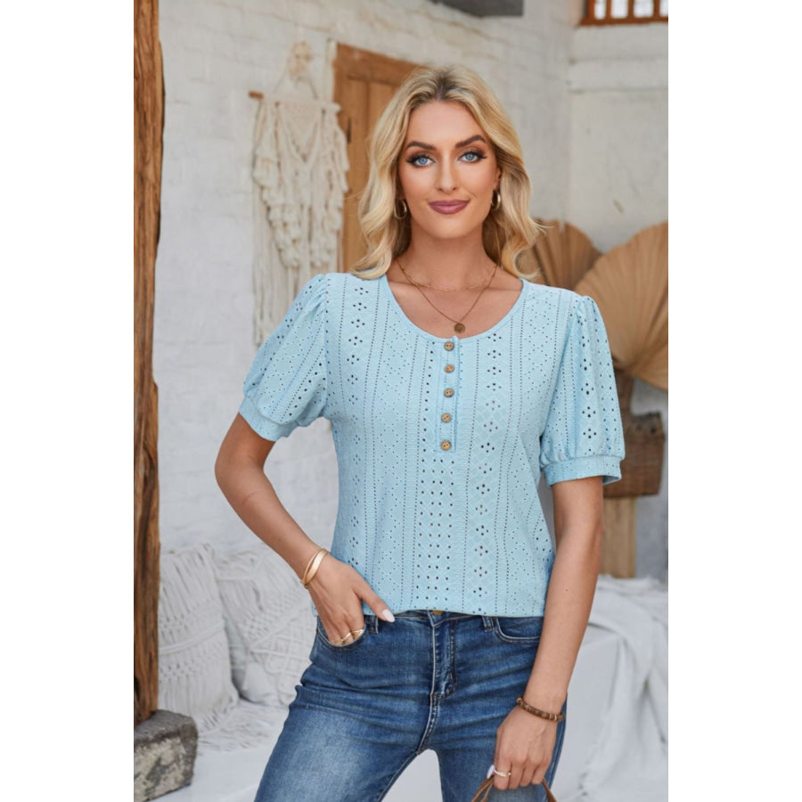 Eyelet Round Neck Short Sleeve Blouse Apparel and Accessories