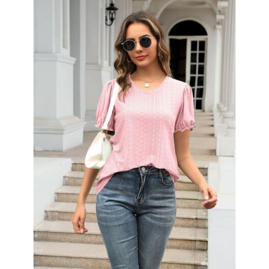 Eyelet Round Neck Short Sleeve Blouse Apparel and Accessories