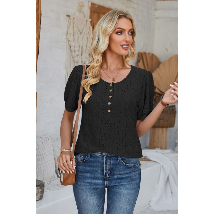 Eyelet Round Neck Short Sleeve Blouse Apparel and Accessories