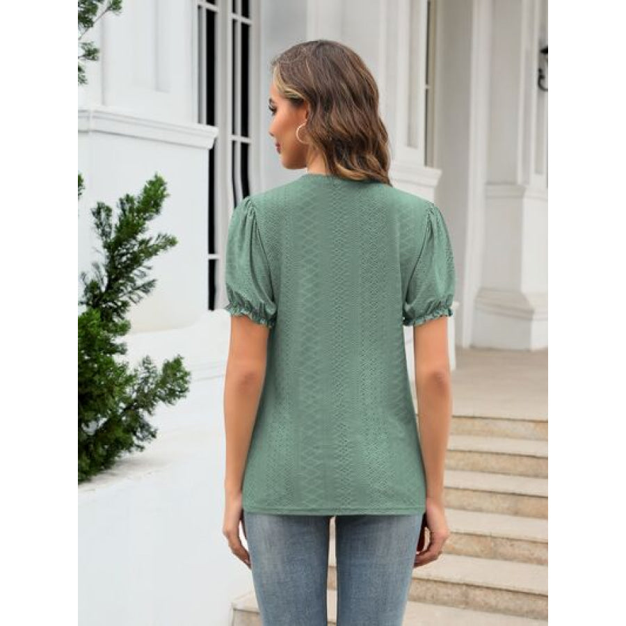 Eyelet Round Neck Short Sleeve Blouse Apparel and Accessories