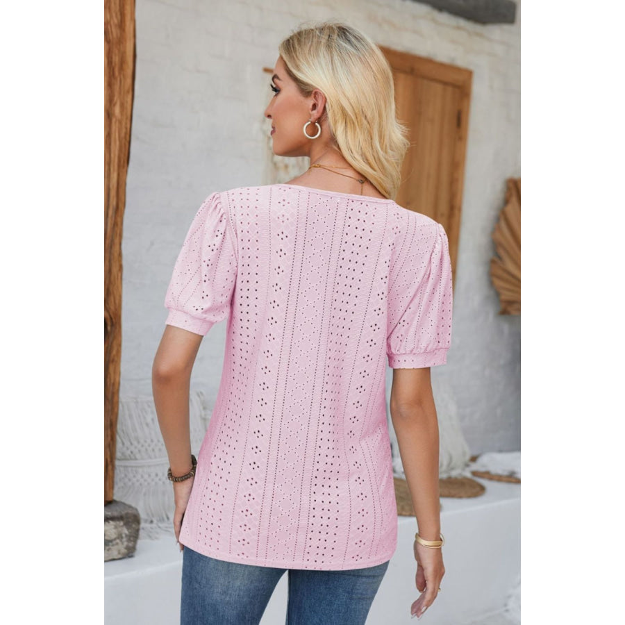 Eyelet Round Neck Short Sleeve Blouse Apparel and Accessories