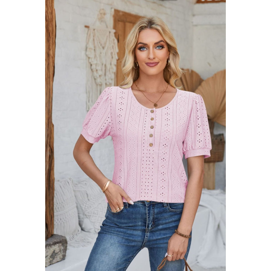 Eyelet Round Neck Short Sleeve Blouse Apparel and Accessories