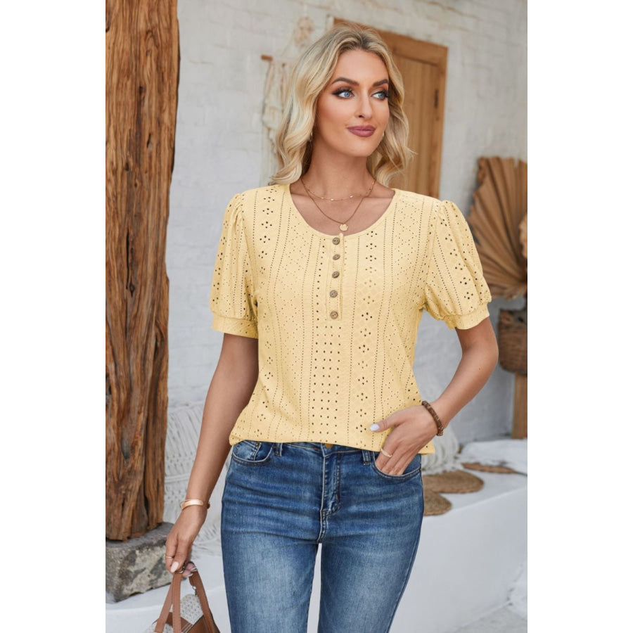 Eyelet Round Neck Short Sleeve Blouse Apparel and Accessories