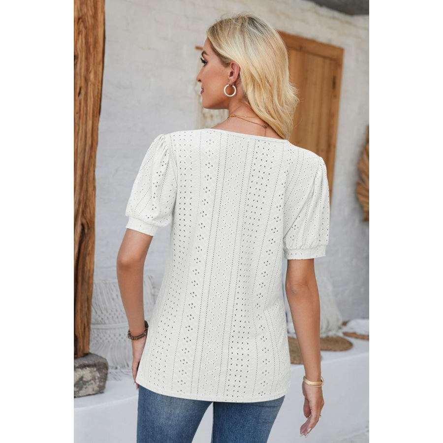 Eyelet Round Neck Short Sleeve Blouse Apparel and Accessories