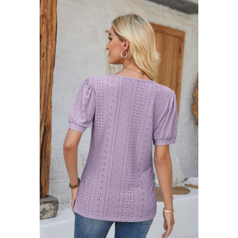 Eyelet Round Neck Short Sleeve Blouse Apparel and Accessories