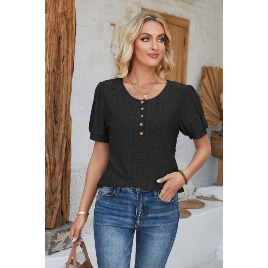 Eyelet Round Neck Short Sleeve Blouse Black / S Apparel and Accessories