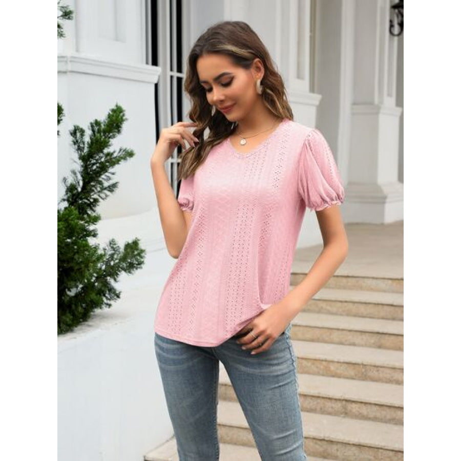 Eyelet Round Neck Short Sleeve Blouse Blush Pink / S Apparel and Accessories