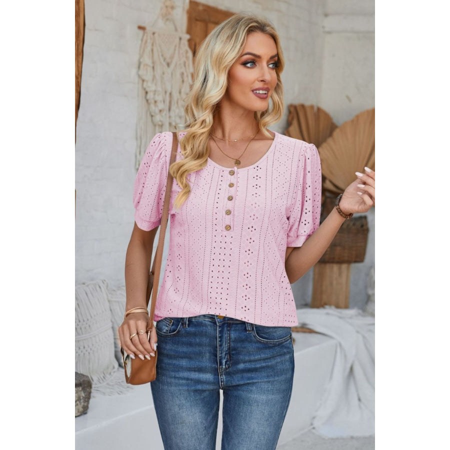 Eyelet Round Neck Short Sleeve Blouse Blush Pink / S Apparel and Accessories