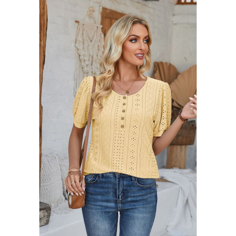 Eyelet Round Neck Short Sleeve Blouse Butter Yellow / S Apparel and Accessories