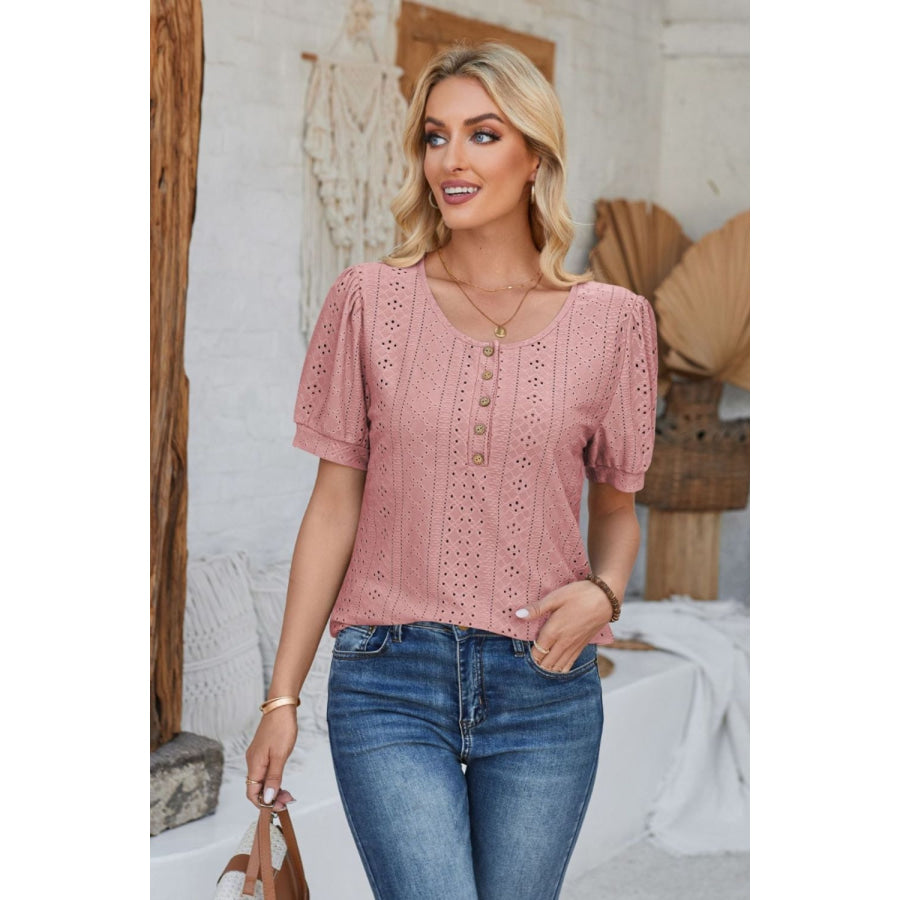 Eyelet Round Neck Short Sleeve Blouse Dusty Pink / S Apparel and Accessories